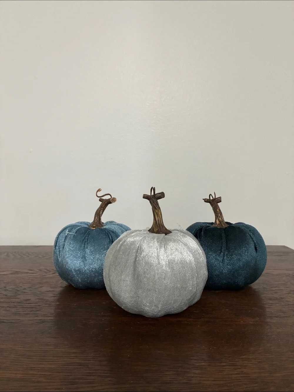 NWT Set of 3- Velvet Pumpkins- Dark Blue, Silver, Teal Fall Holiday Decorations